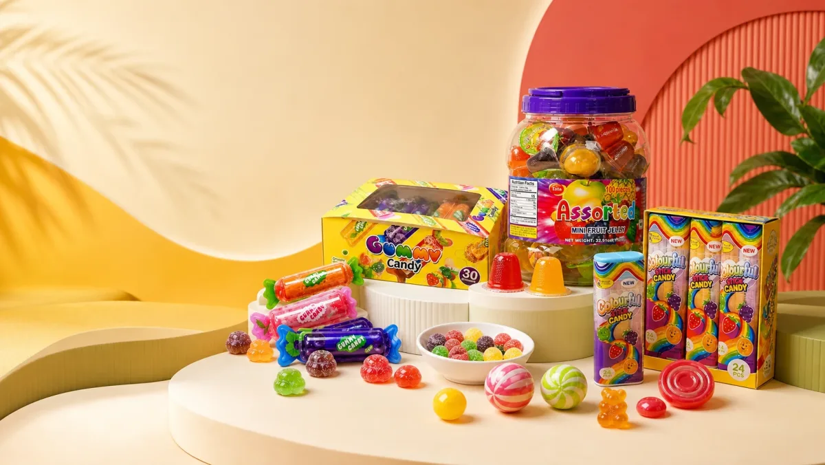 KidStar gummy candy, mini fruit jelly, colourful stick candy, and bubble gum staged in one retail-ready confectionery scene