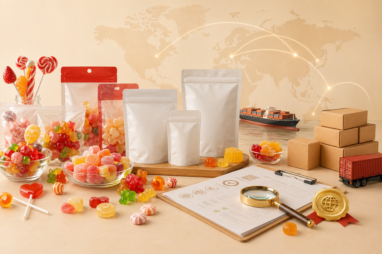Private-label confectionery packs, candies, export cartons, compliance documents, and global shipping routes