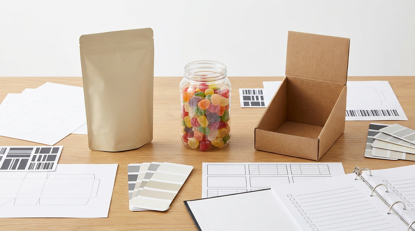 Private label candy packaging preparation workspace with blank pouches, cartons, and sourcing notes