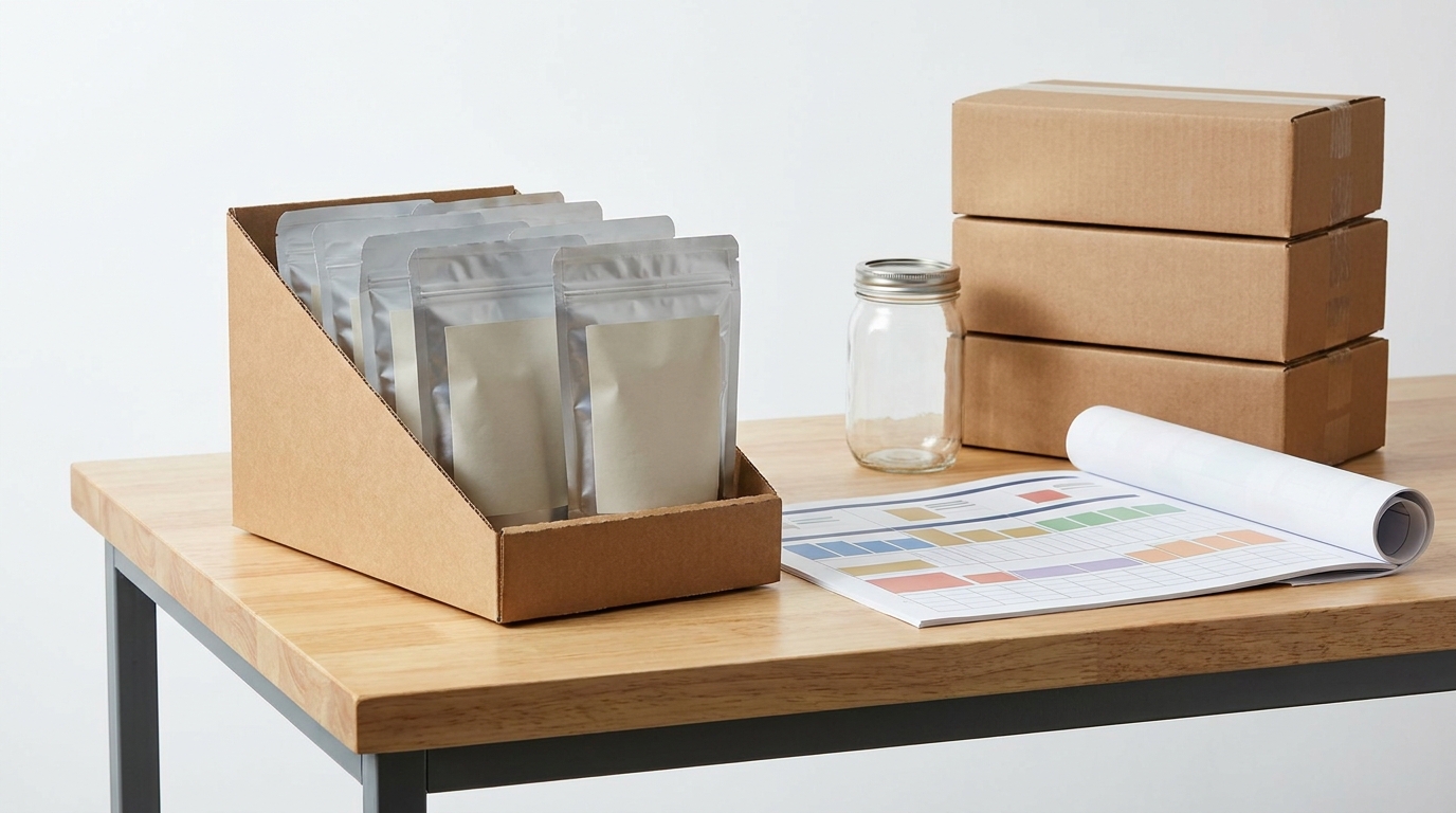 Retail-ready confectionery packaging review with display tray, blank pouches, cartons, and shelf plan notes